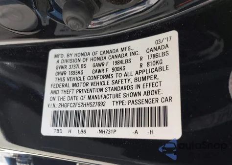 2017 Honda Civic Lx z USA, uszkodzony, nr VIN 2HGFC2F52HH527692